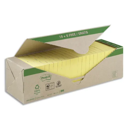 Image de POST-IT - Pack avantages Notes Post-it® Recyclées Jaunes 76x76 mm, 100 feuilles, 18 blocs + 6 offerts.