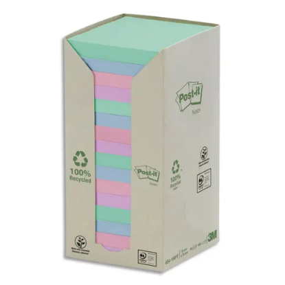 Image de POST-IT - Tour 16 blocs 100f 76x76mm 100% recyclé. Coloris assortis Gris,Bleu,vert clair,vert mousse