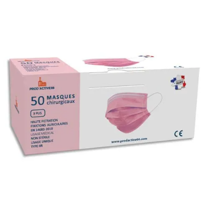 Image de Boîte de 50 masques chirurgicaux jetables 3 plis type IIR. Fabriqué en France. Coloris rose