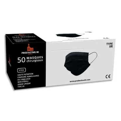 Image de Boîte de 50 masques chirurgicaux jetables 3 plis type IIR. Fabriqué en France. Coloris noir