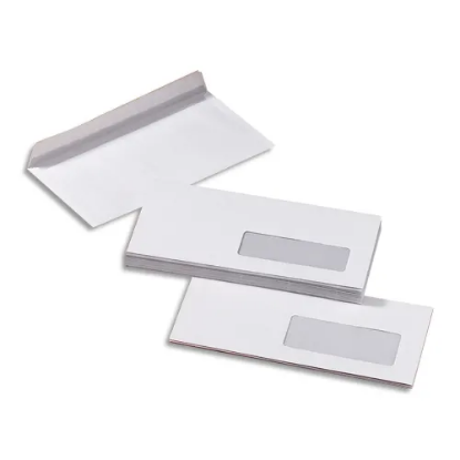 Image de PERGAMY - Boîte de 500 enveloppes Blanches 80g DL 110x220 mm fenêtre 35x100 mm auto-adhésives