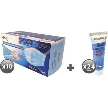 Image de Lot de 10 boîtes de 50 masques chirurgicaux + 24 flacons gel 80 ml offerts