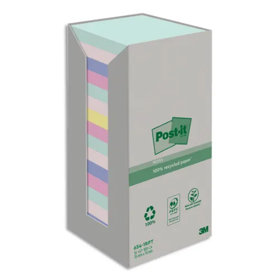 Image de POST-IT - Notes Post-it Recyclées Nature. 76 x 76 mm. 16 blocs, 100 F. Ass : vert, rose, bleu, jaune.