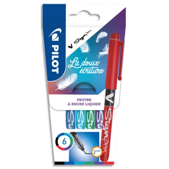 Image de PILOT - Pochette de 6 V-SIGNPEN encre assorties : Noire, Bleue, Rouge, Verte, Turquoise, Violette