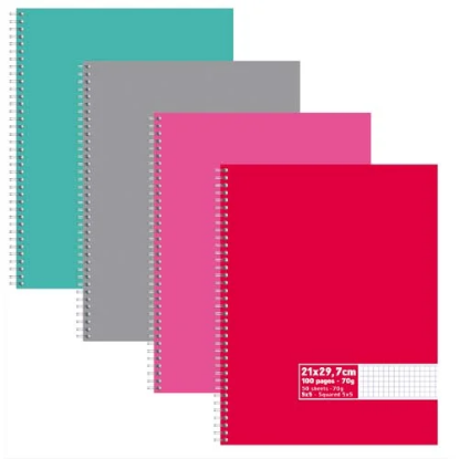 Image de Cahier spirale 21x29,7cm 100 pages 60g petits carreaux 5x5. Couverture carte assortie