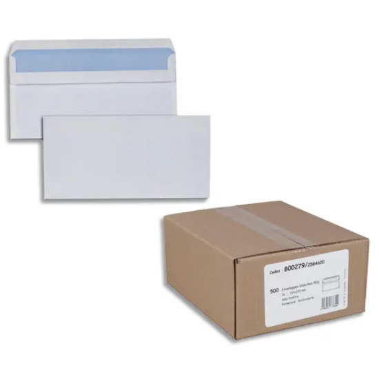 Image de Boîte de 500 enveloppes Blanches 80g DL 110x220 mm autocollantes